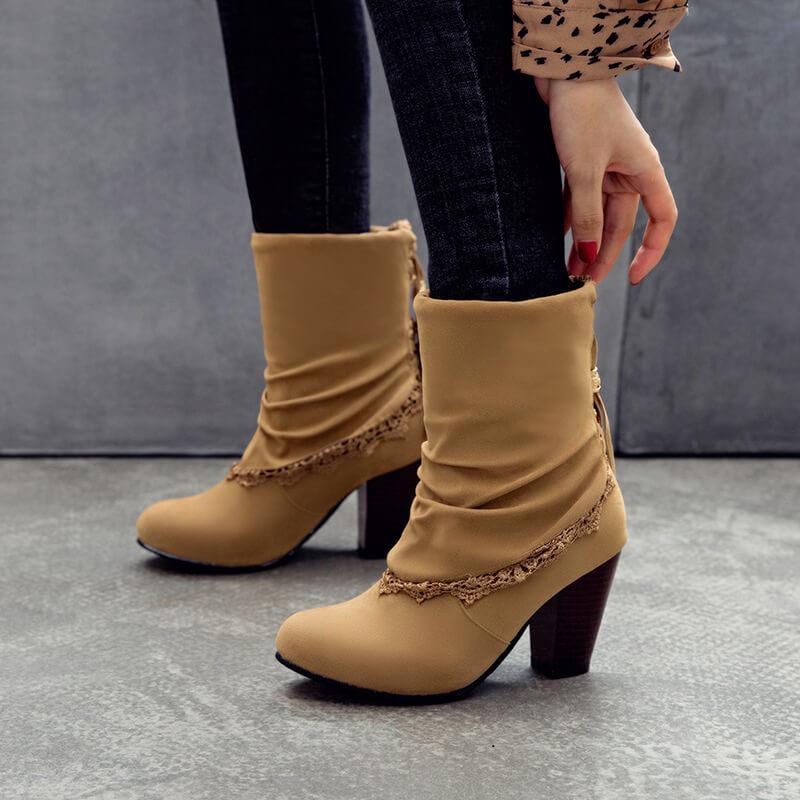 Winter Fringe Suede High Chunky Heel Calf Boots