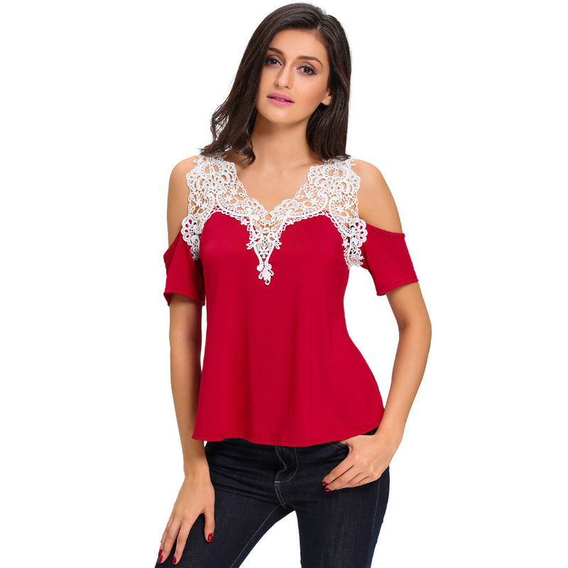 Dew Shoulder Stitching Embroidery Lace T-shirt – May Your Fashion