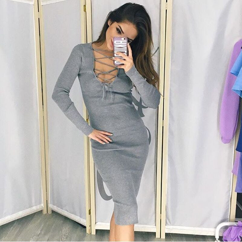 Hollow Out Criss Cross V Neck Long Sleeve Bodycon Dress