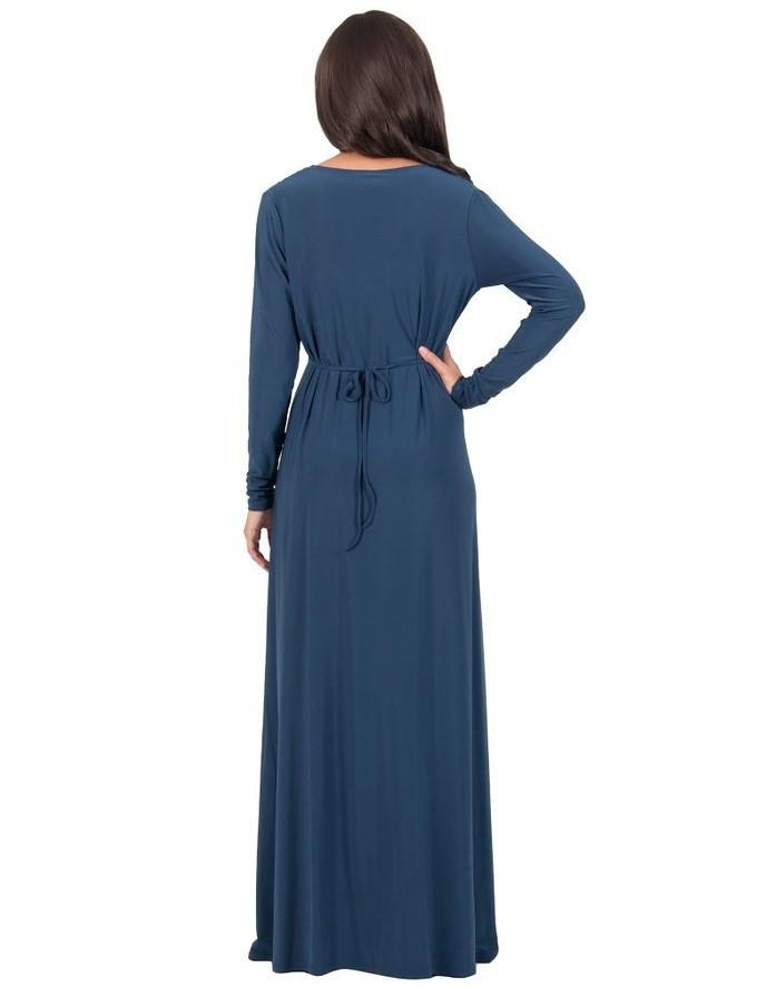 Long Sleeve V-neck Pleated Long Dress