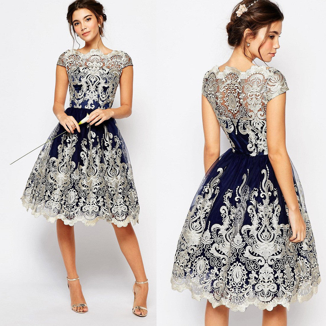 Short Sleeves Retro Embroidery Knee-length Lace Party Dress