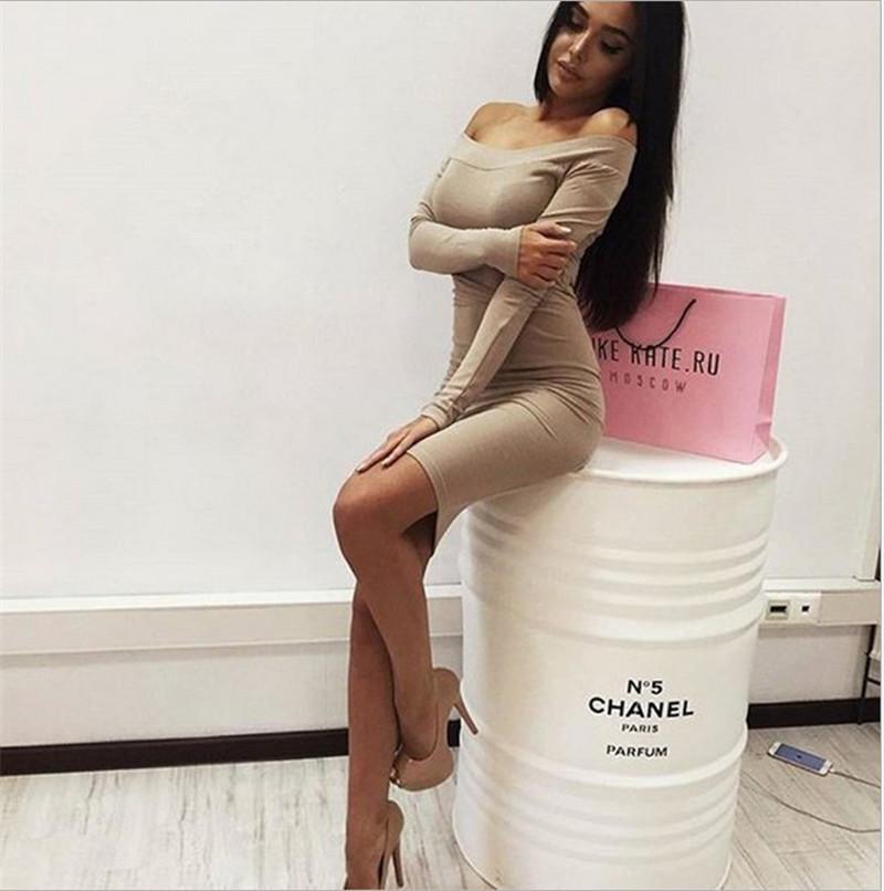 Sexy Off Shoulder Short Pure Color Long Sleeve Bodycon Dress