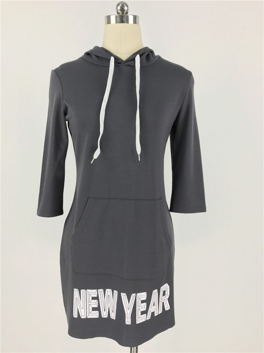 Letter Print Draw String Hoodie Loose Short Dress