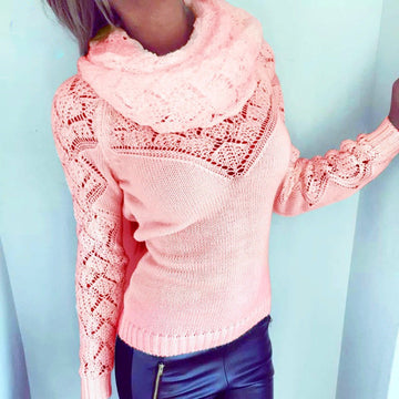 Fashion Hollow Out Heaps Collar Long Sleeve Knit Sweater