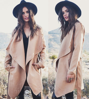 Khaki Long Sleeve Lapel Pockets Long Coat