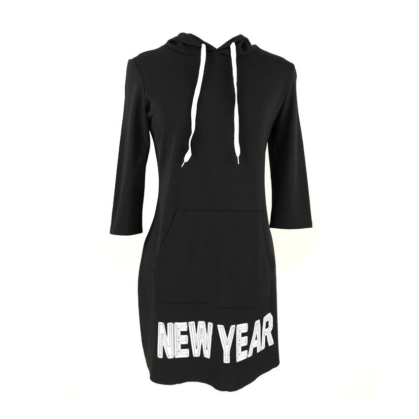 Letter Print Draw String Hoodie Loose Short Dress