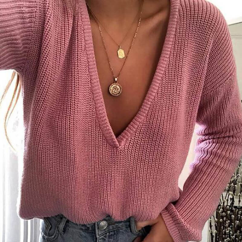 Deep V-neck Pure Color Pullover Sweater