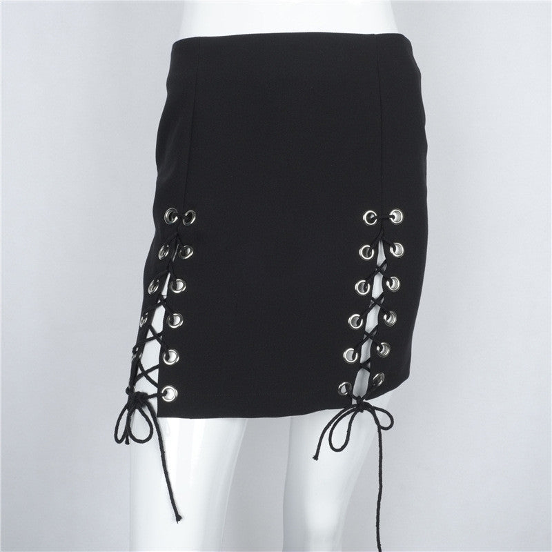 Hollow Out Lace Up Pure Color Bodycon Short Skirt