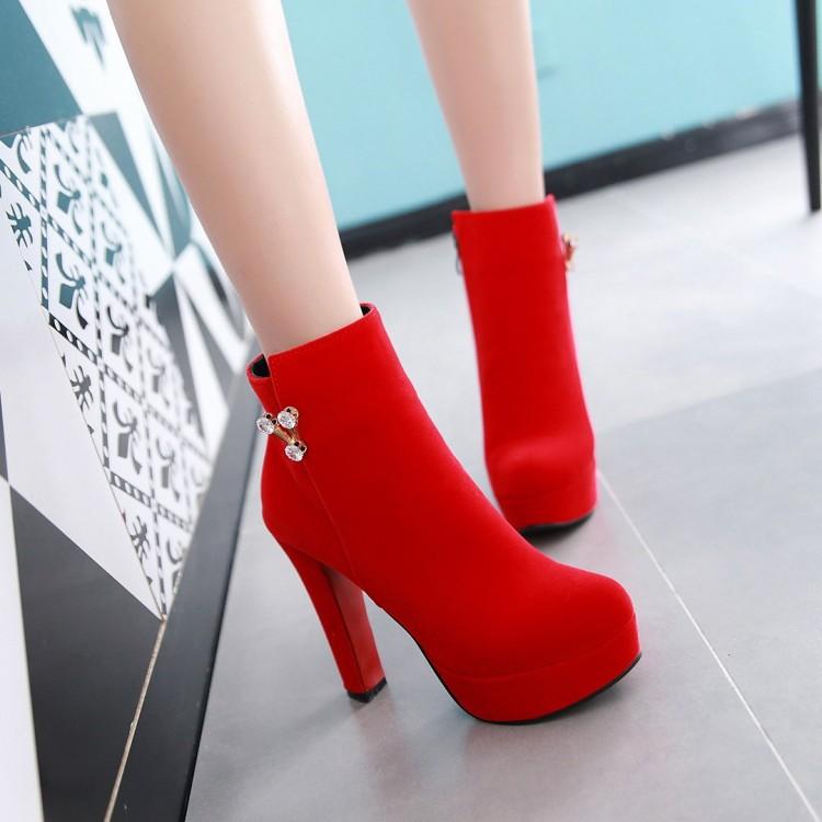 Solid Color Round Toe Crystal Decorate High Heels Short Boots – May ...