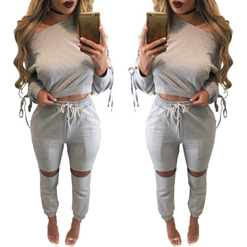 Solid One Shoulder Crop Top with Hole Skinny Pants Two Pieces Set