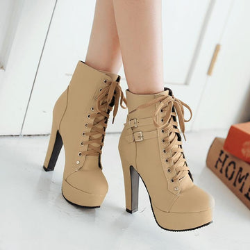 Special package Lace Up Round Toe Platform Stiletto High Heels Short Martin Boots