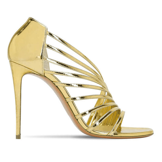Champagne Patent Leather Cutout Open Toe High Heel Sandals