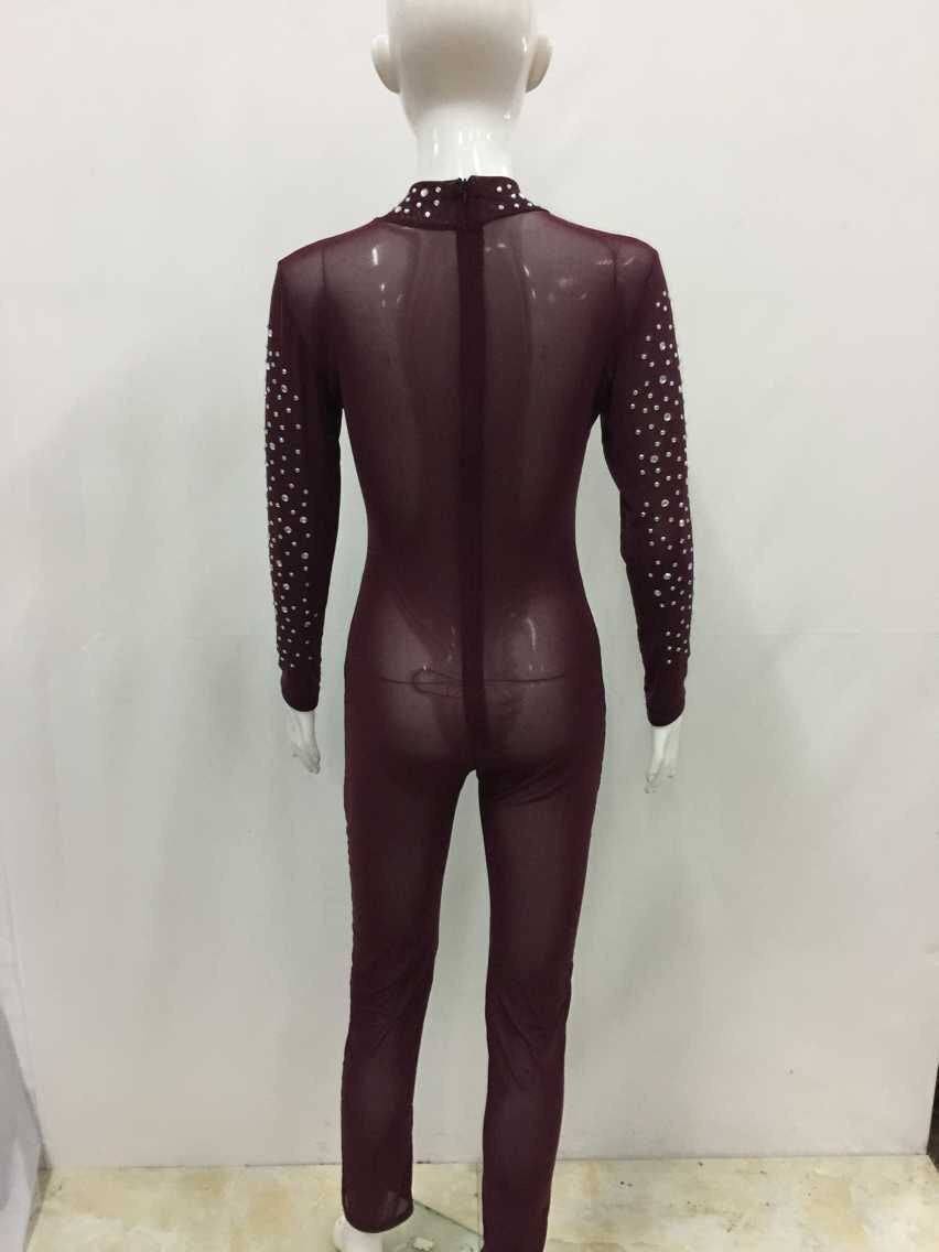 Sexy Long Sleeve Mesh Crystal See-Through Long Jumpsuits