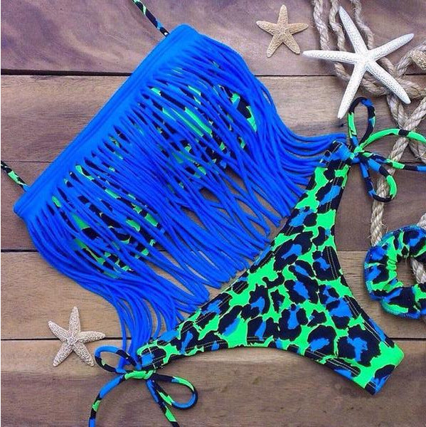 Leopard Print Tassels Strapless Bikini Set