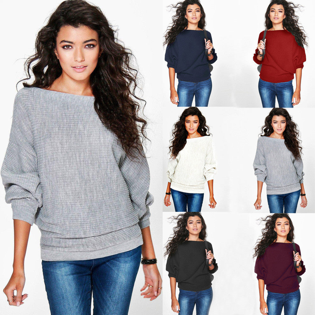 Fashion Loose Bat Sleeve Boat Neck Knit Women's Sweater