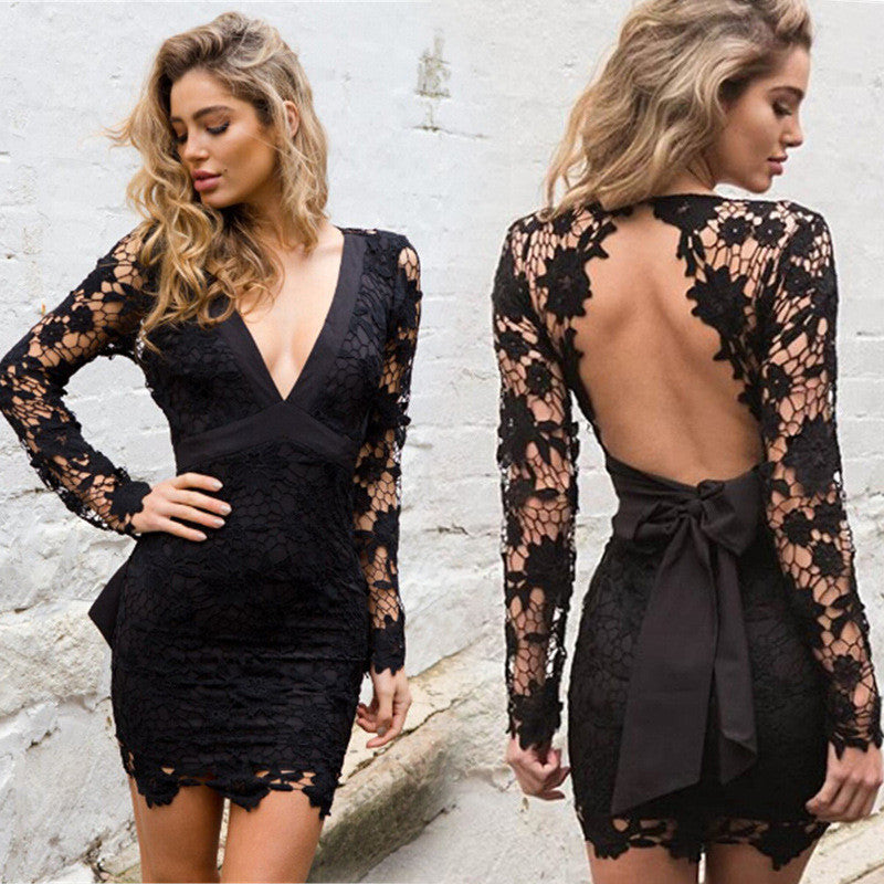Lace Patchwork Long Sleeve Backless Bodycon Short Dress