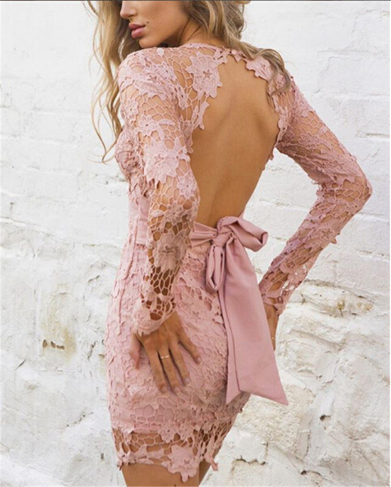 Lace Patchwork Long Sleeve Backless Bodycon Short Dress