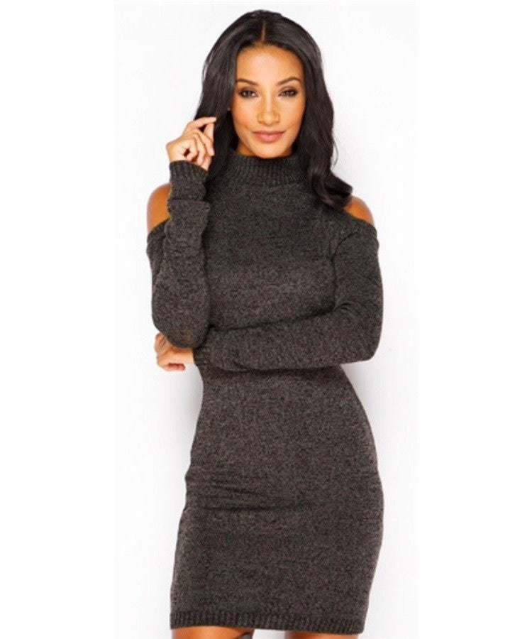 High Neck Dew Shoulder Long Sleeve Short Bodycon Knit Dress