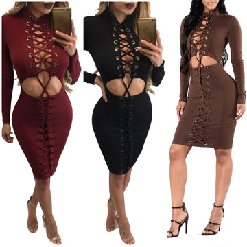Fashion Sexy Lace Up Hollow Out Bodycon Short Dress