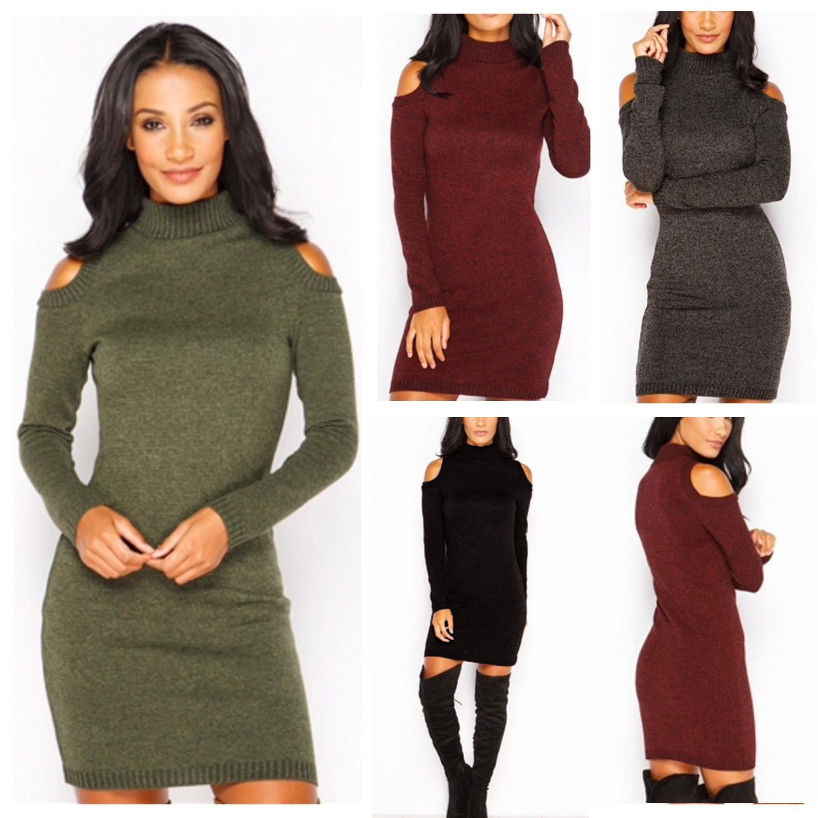 High Neck Dew Shoulder Long Sleeve Short Bodycon Knit Dress