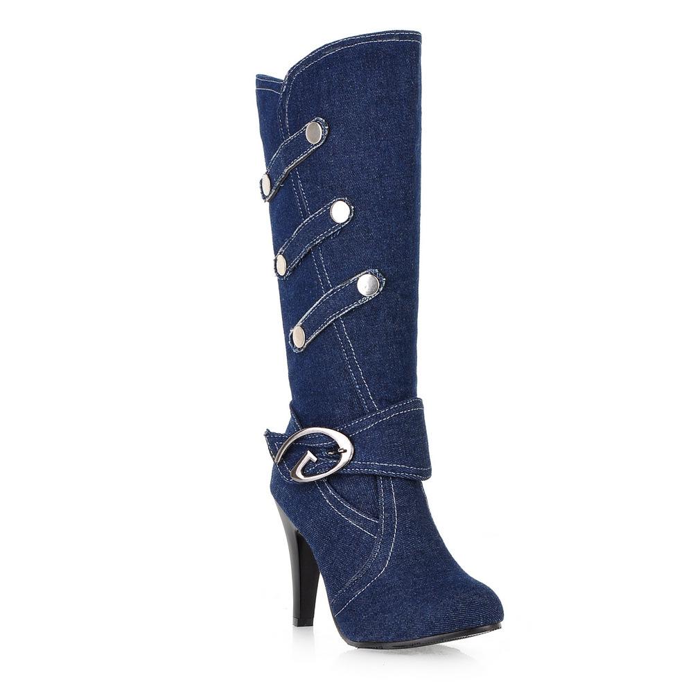 Buttons Decorate Cowboy Style Round Toe High Heels Knee-length Boots