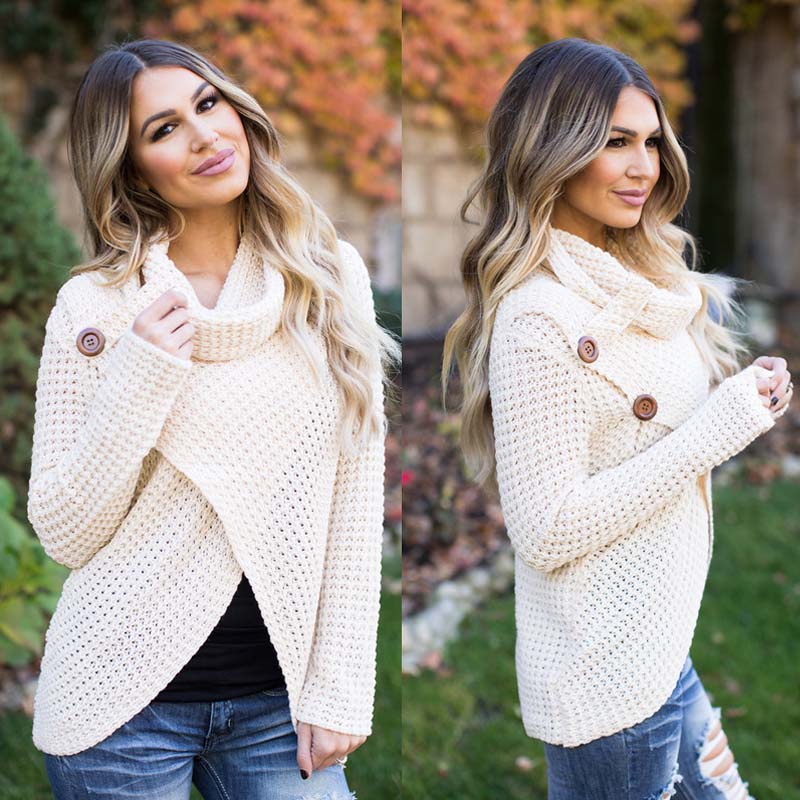 Turtleneck Button-Up Crochet Wrap Cardigan Sweater