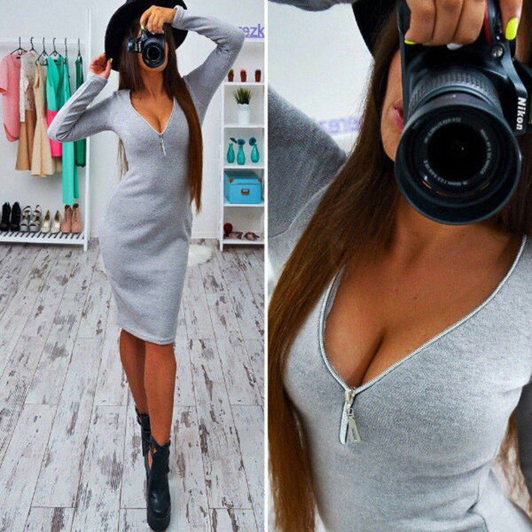 Sexy Deep Zipper V Neck Long Sleeve Bodycon Short Dress