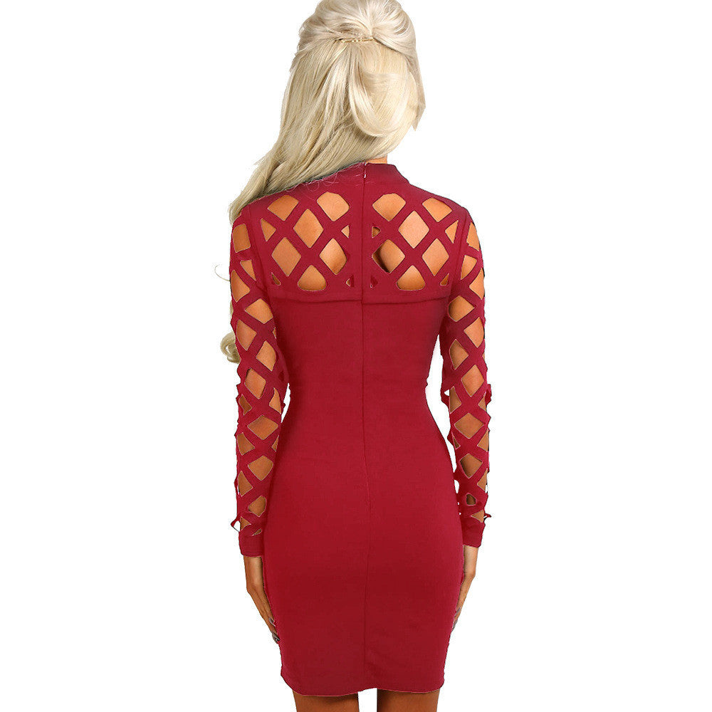 Hollow Out Bandage Long Sleeve Sexy Night Club Dress