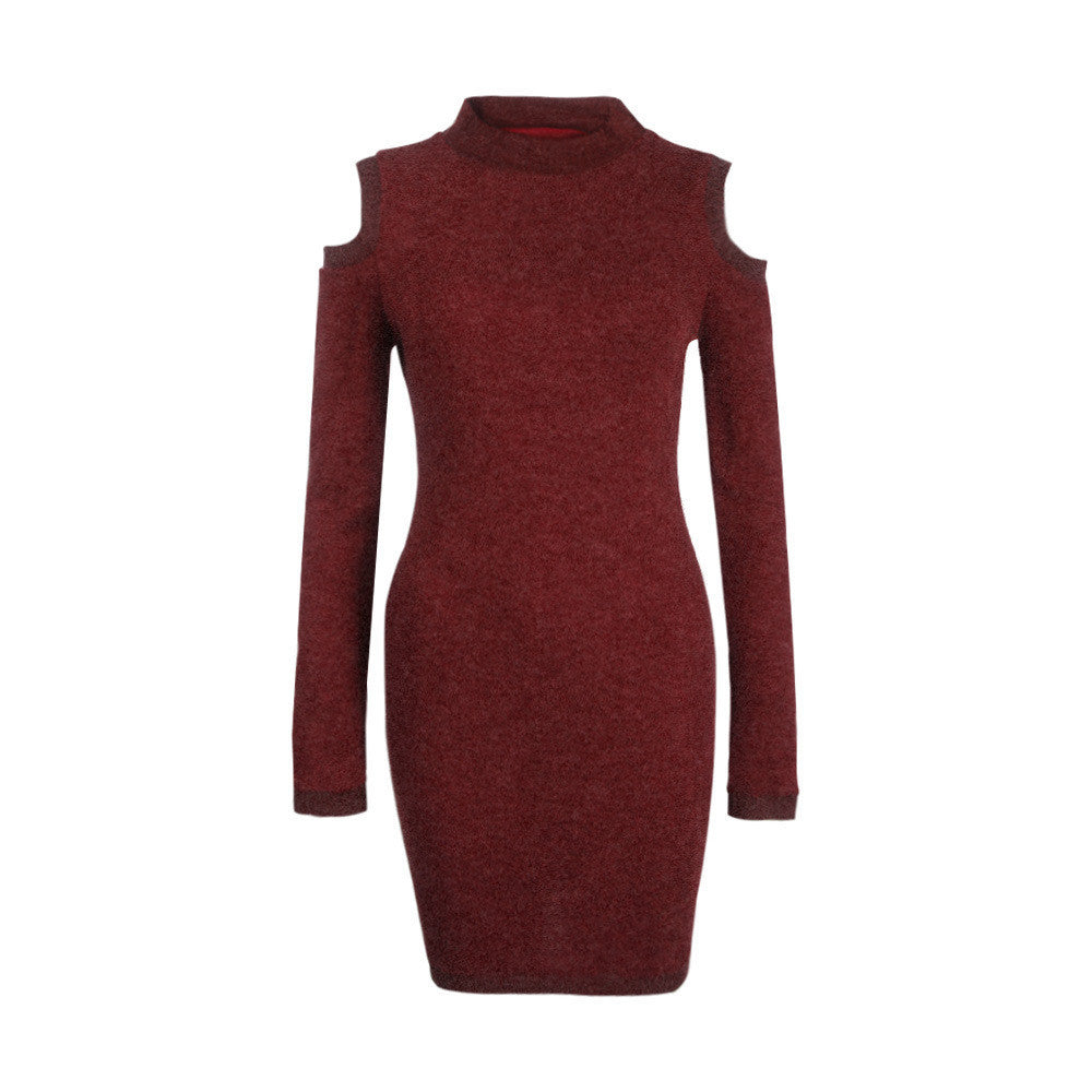 High Neck Dew Shoulder Long Sleeve Short Bodycon Knit Dress