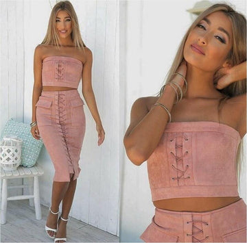 Pure Color Straps Crop Top with Skirt Two Pieces Set