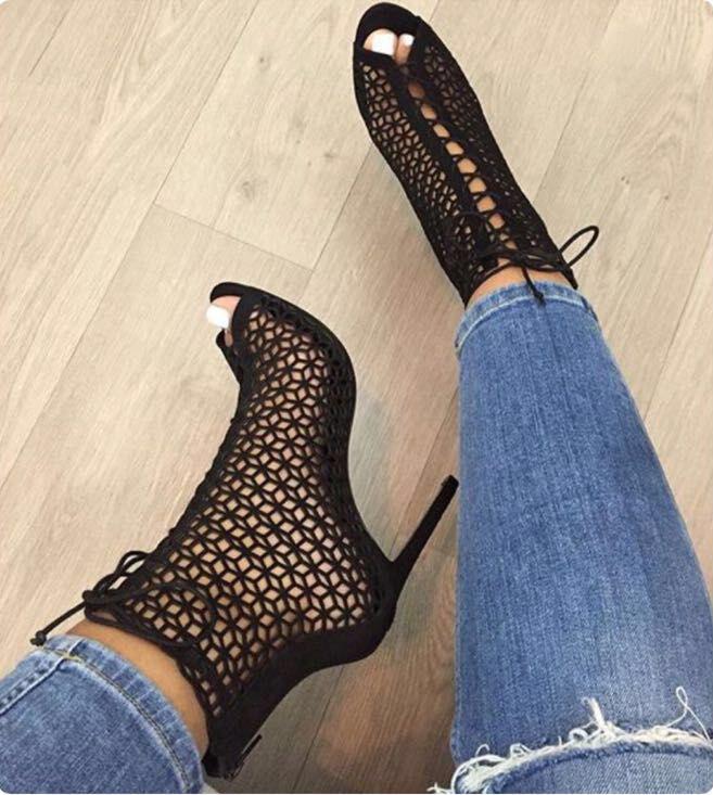 Popular Hollow Out Lace Up Stiletto Heel Sandals