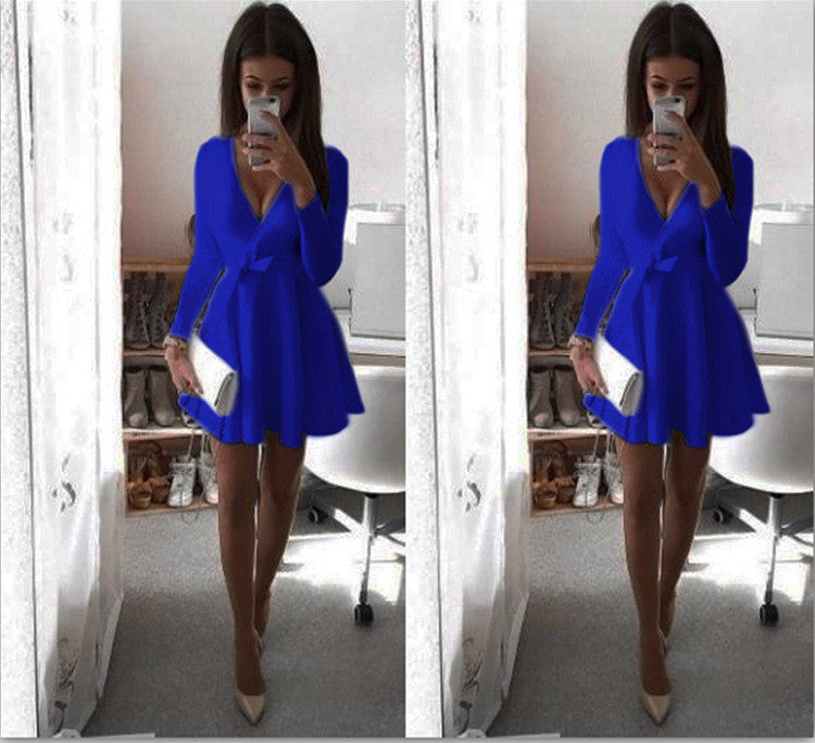 Sexy Deep V Neck Bowknot Long Sleeve Short Dress