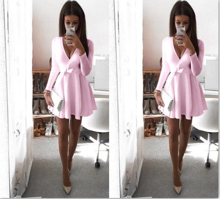 Sexy Deep V Neck Bowknot Long Sleeve Short Dress