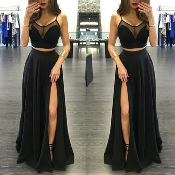 Pure Color Grenadine Crop Top with Split Long Skirt Two Pieces Dress Set