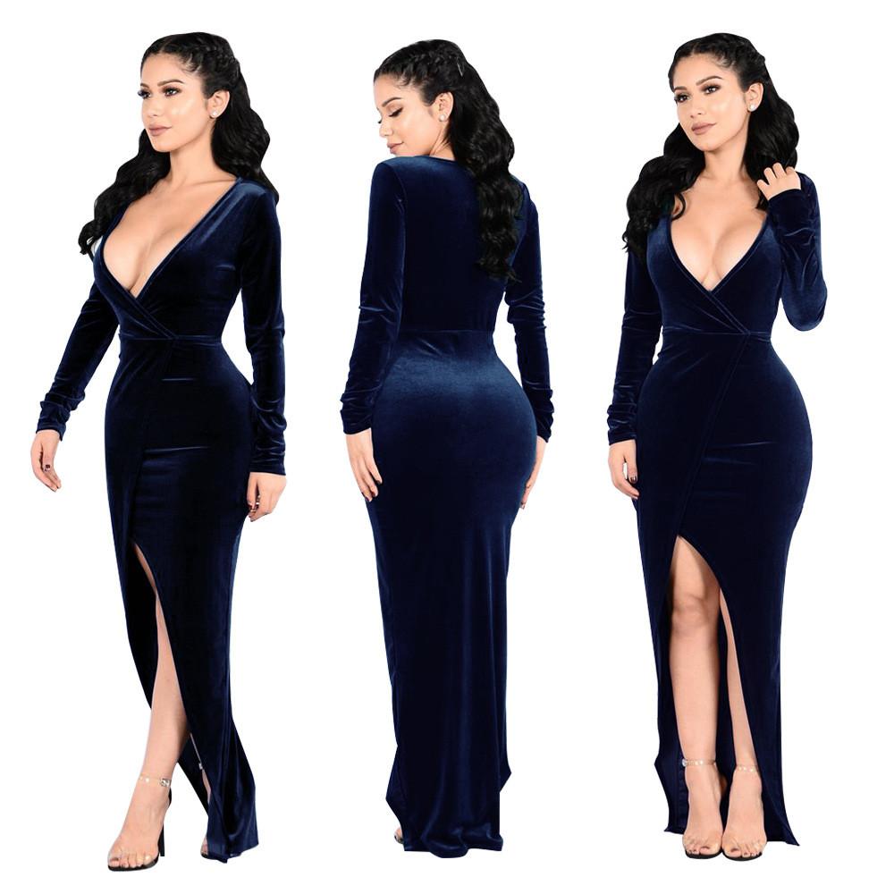 Long Sleeve Deep V-neck High Waist Irregular Long Dress