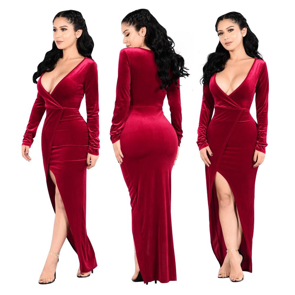 Long Sleeve Deep V-neck High Waist Irregular Long Dress