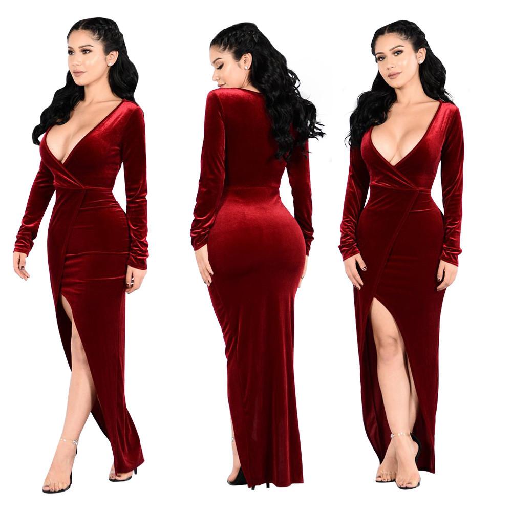 Long Sleeve Deep V-neck High Waist Irregular Long Dress