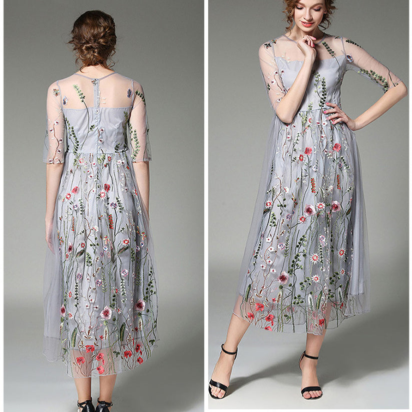 Embroidery Flowers Transparent Mesh Patchwork Tee-length Dress