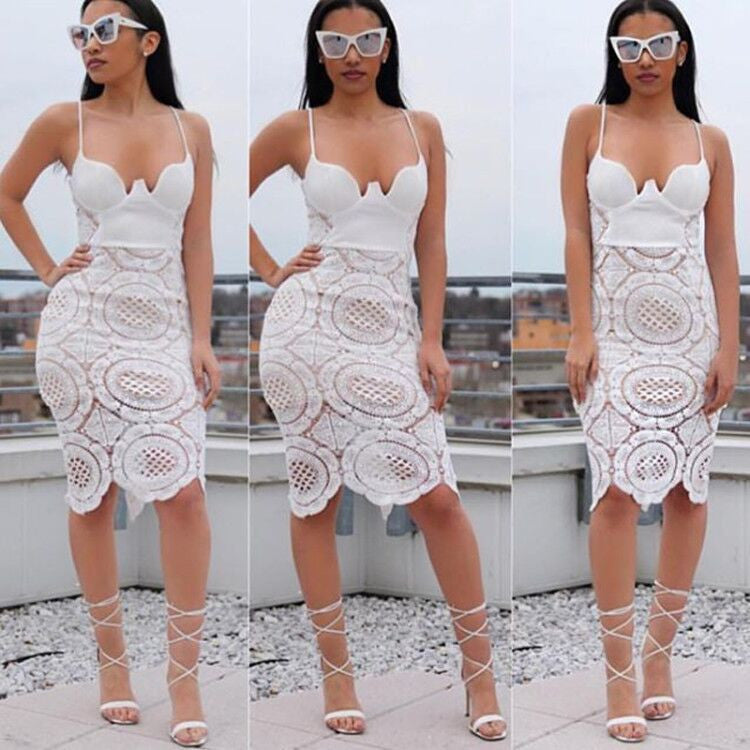 Sexy White Spaghetti Strap Hollow Out Lace Patchwork Knee-Length Dress