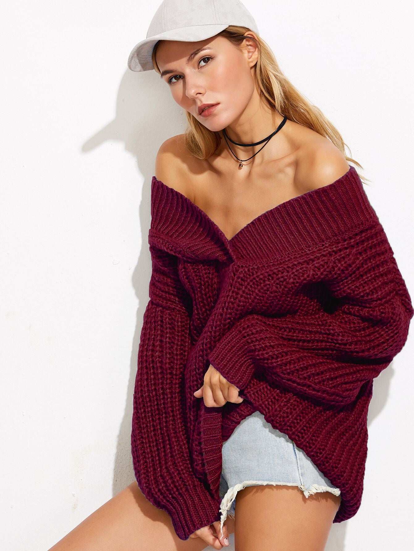 Personality Deep V Neck Loose Pure Color Chunky Knit Sweater