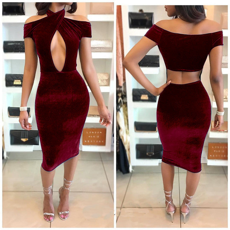 Sexy Off Shoulder Halter Hollow Out Knee-length Bodycon Dress