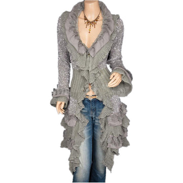 Ruffles Deep V-neck High Collar Irregular Cardigan