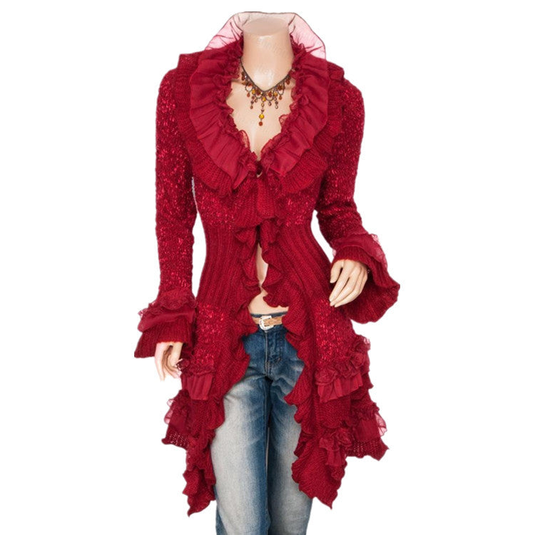 Ruffles Deep V-neck High Collar Irregular Cardigan