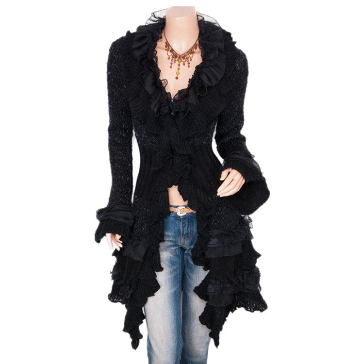 Ruffles Deep V-neck High Collar Irregular Cardigan