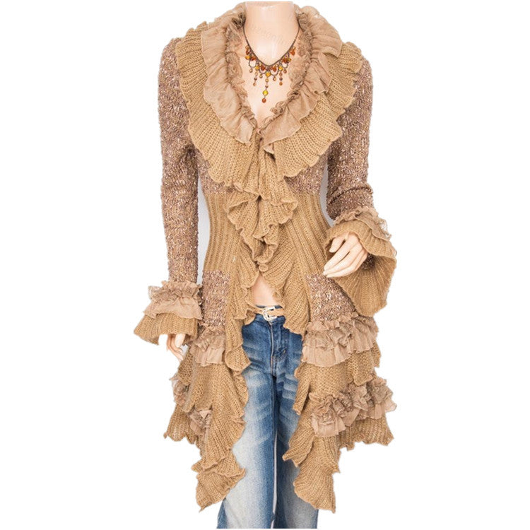 Ruffles Deep V-neck High Collar Irregular Cardigan