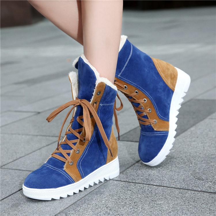 Patchwork Lace Up Inside Heels Short Warm Snow Boots