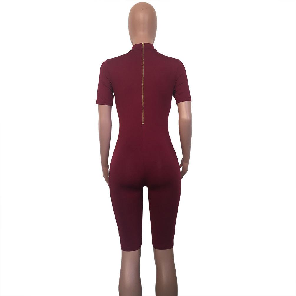 Deep V-neck Zipper Pure Color Both Side Short Jumpsuit