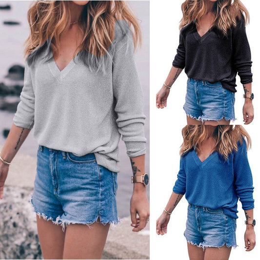 V-neck Pure Color Long Sleeves T-shirt