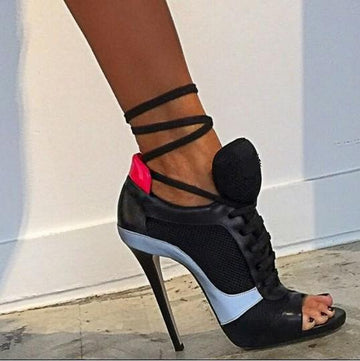Patchwork Color Block Open Toe Lace Up Stiletto High Heels Sandals