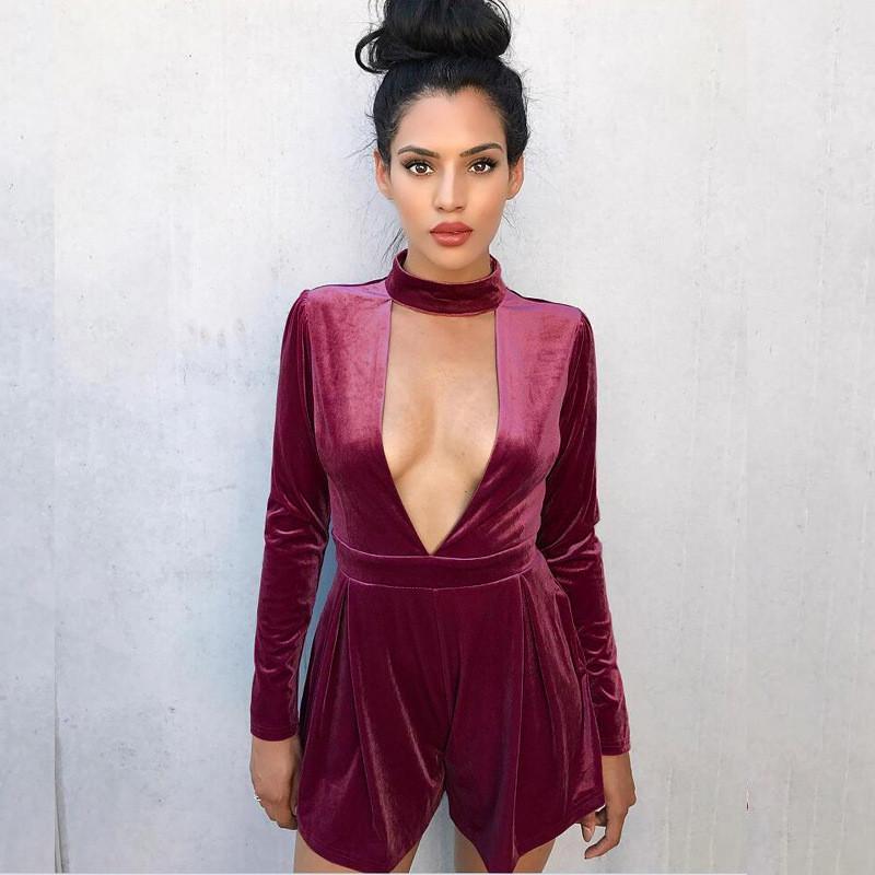 Sexy Halter Deep V-neck Long Sleeves High Waist Short Jumpsuits